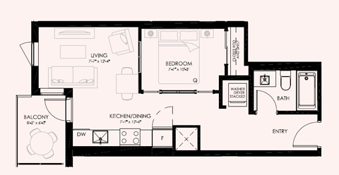 Floor plan for 1 bed, 1 bath, 495 sqft
